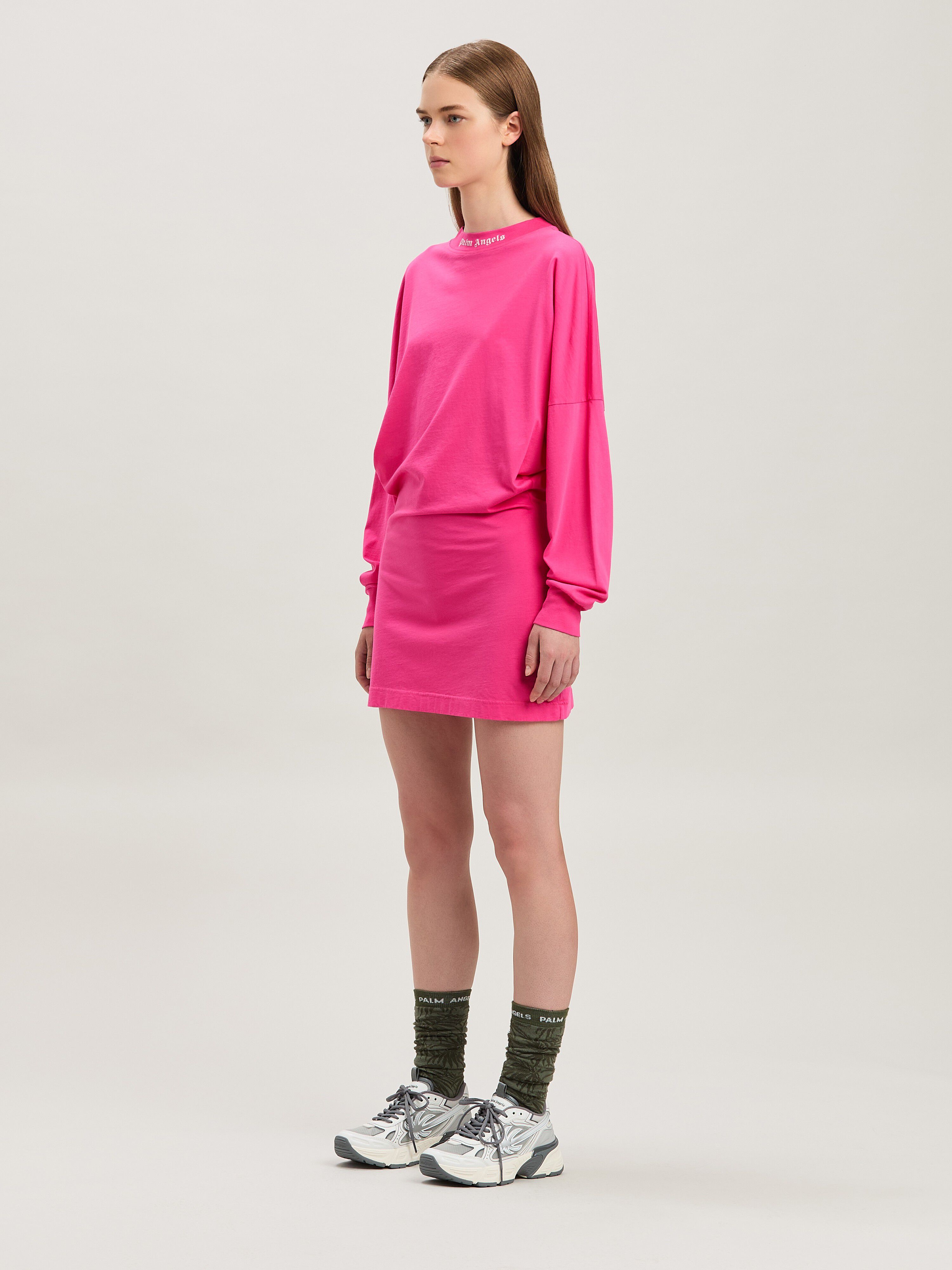 PALM ANGELS  Curved logo long sleeves T-shirt FUCHSIA - SOFT PINK PWDH007S25JER001