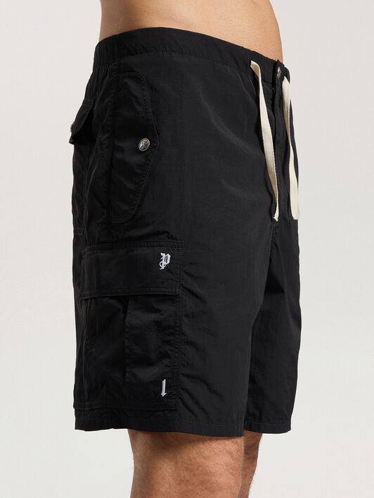Palm Type Loose Cargo Shorts PALM ANGELS Palm Type Loose Cargo Shorts BLACK - OFF WHITE PAMCS02F26FB01