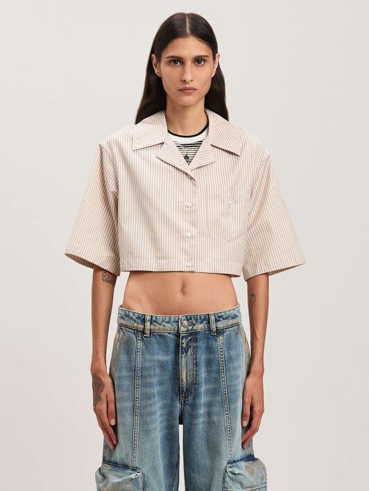 PALM ANGELS  Curved Logo cropped shirt CAMEL - OFF WHITE PWGG008S25FAB001
