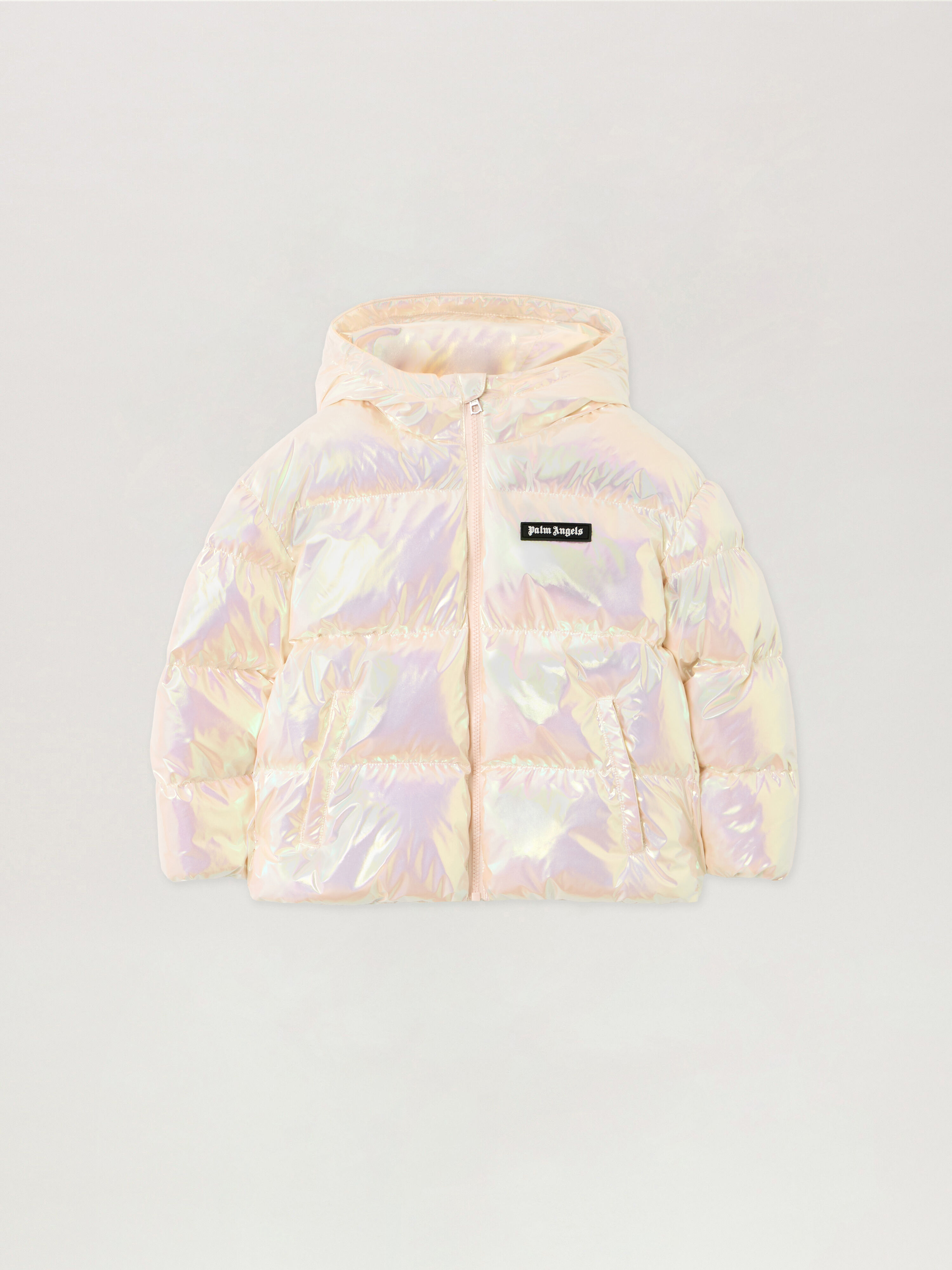 PALM ANGELS Logo Shiny Hoodie Puffer Jkt PEARL ROSE OFF WHITE PGEJ005F25FAB001