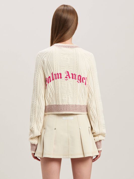 PALM ANGELS  Curved logo sweater OFF WHITE - FUCHSIA PWHE075S25KNI001