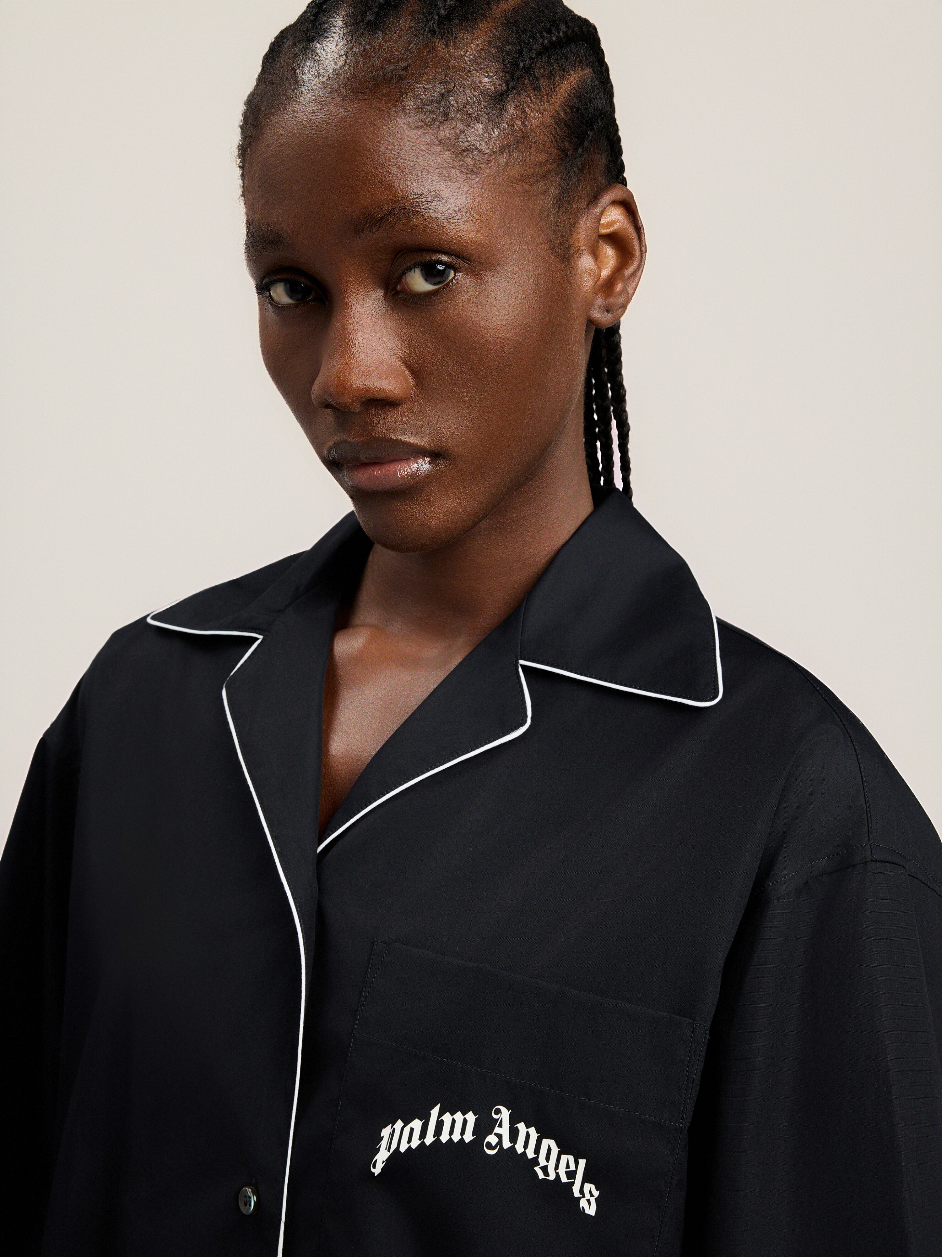 Curved Logo Bowling Shirt in BLACK OFF WHITE for Women | Palm Angels®