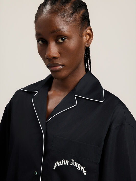 PALM ANGELS Curved Logo Bowling Shirt BLACK OFF WHITE PWGG005S26FAB001