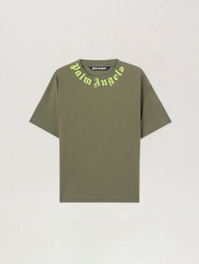 PALM ANGELS Neck Logo T-Shirt MILITARY GREEN LIME PMAA109S26JER008