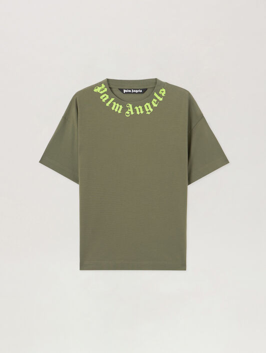 PALM ANGELS Neck Logo T-Shirt MILITARY GREEN LIME PMAA109S26JER008