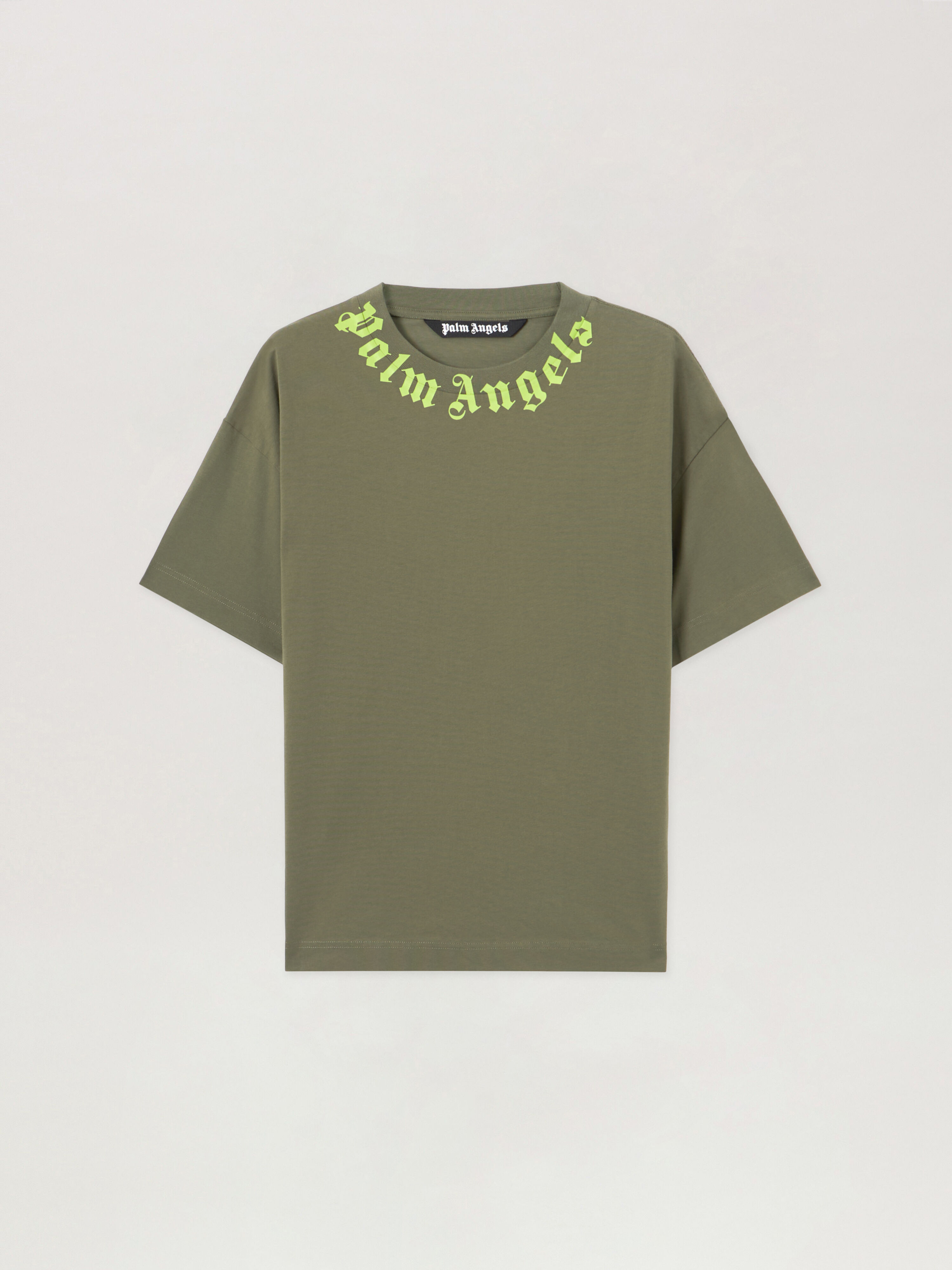 PALM ANGELS Neck Logo T-Shirt MILITARY GREEN LIME PMAA109S26JER008