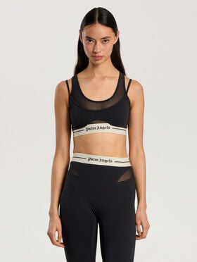 PALM ANGELS Logo Mesh Layer Sports Bra BLACK - CREAM PAWVO02F26FB01