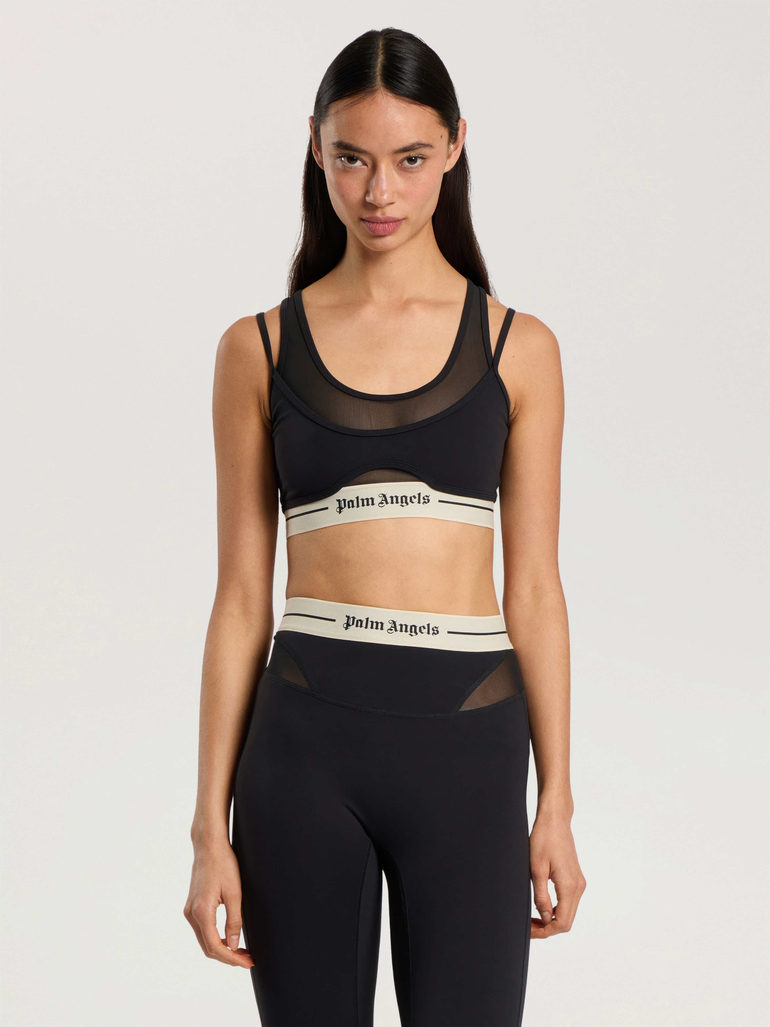 Logo Mesh Layer Sports Bra PALM ANGELS Logo Mesh Layer Sports Bra BLACK - CREAM PAWVO02F26FB01
