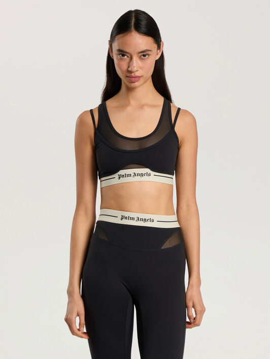 Logo Mesh Layer Sports Bra PALM ANGELS Logo Mesh Layer Sports Bra BLACK - CREAM PAWVO02F26FB01