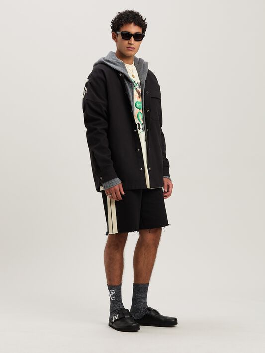 PALM ANGELS  Curved Logo knit hoodie GREY MELANGE - OFF WHITE PMHU023S25KNI001