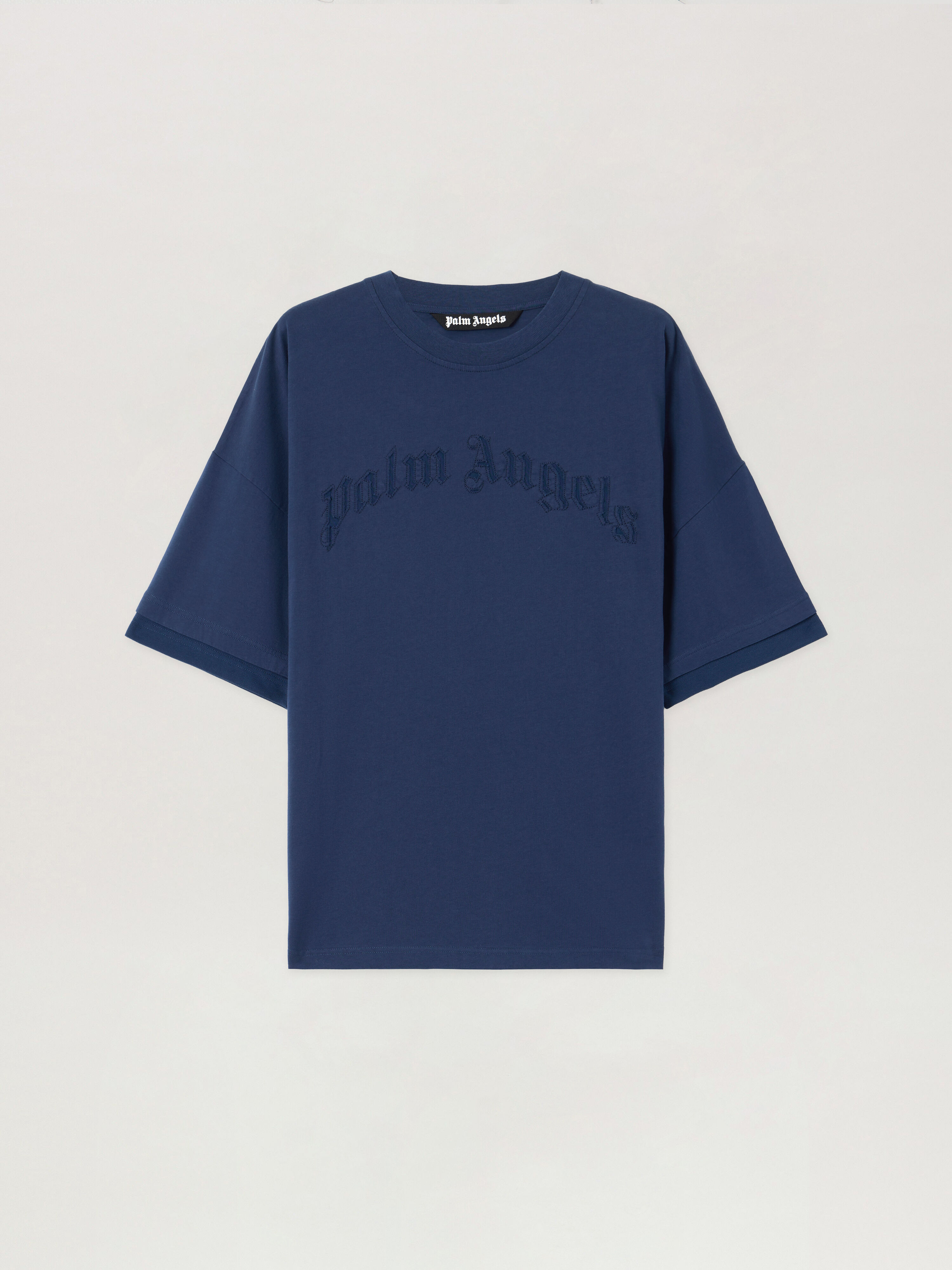 Curved Logo Loose Double T-Shirt PALM ANGELS Curved Logo Loose Double T-Shirt NAVY BLUE NAVY BLUE PMAA10QS26JER001