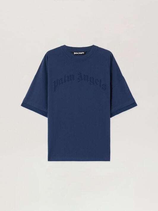 Curved Logo Loose Double T-Shirt PALM ANGELS Curved Logo Loose Double T-Shirt NAVY BLUE NAVY BLUE PMAA10QS26JER001