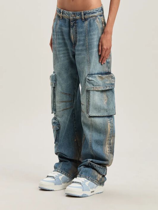 PALM ANGELS  Metal brushed cargo denim pants MEDIUM BLUE - SILVER PWYB029S25DEN001