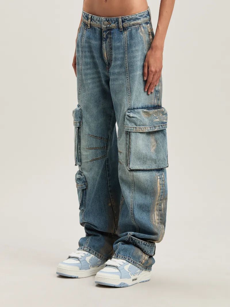 PALM ANGELS  Metal brushed cargo denim pants MEDIUM BLUE - SILVER PWYB029S25DEN001