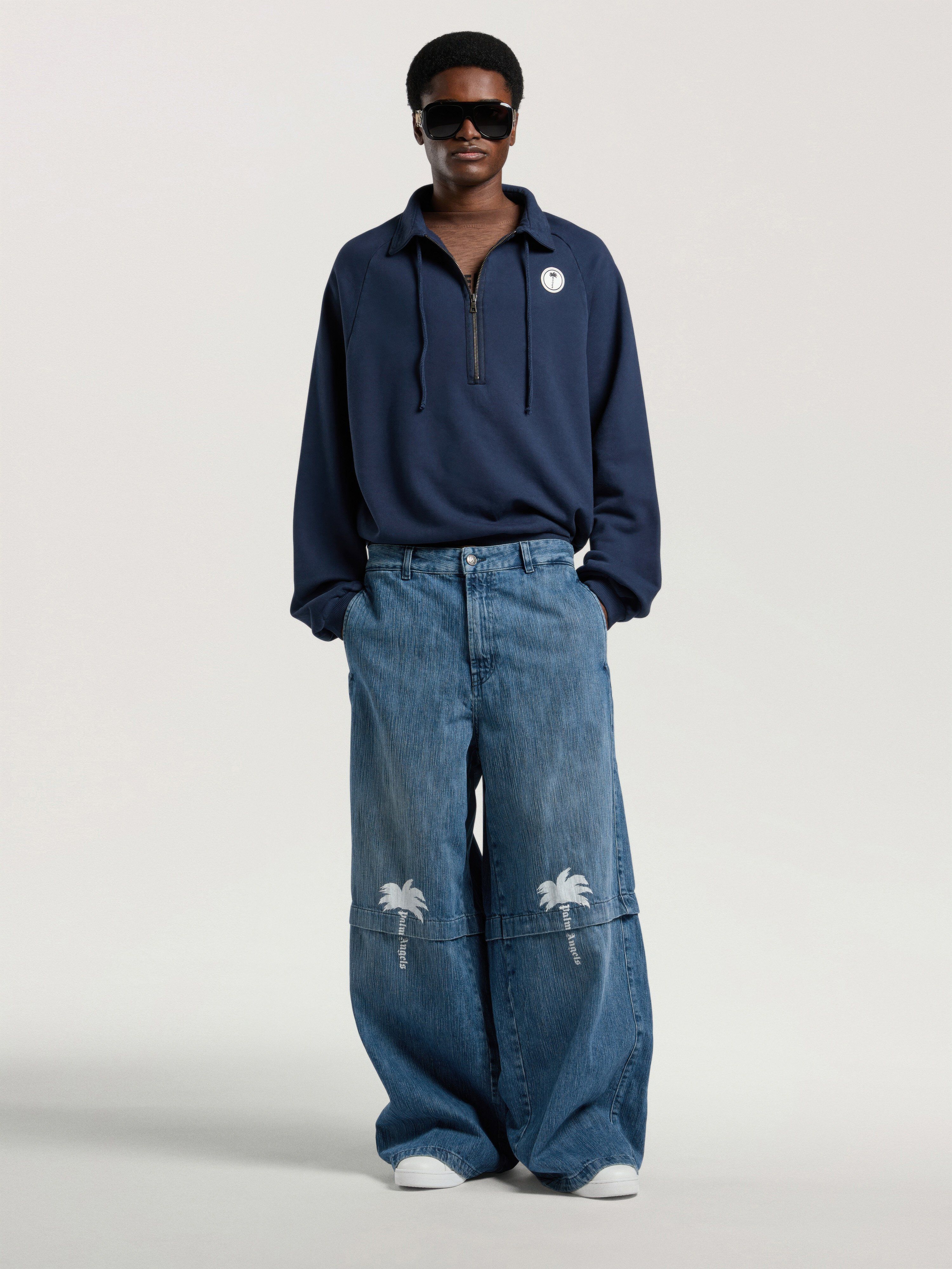 Palm Shadow Zipped Crew PALM ANGELS Palm Shadow Zipped Crew NAVY BLUE - OFF WHITE PAMBA10W26FL01
