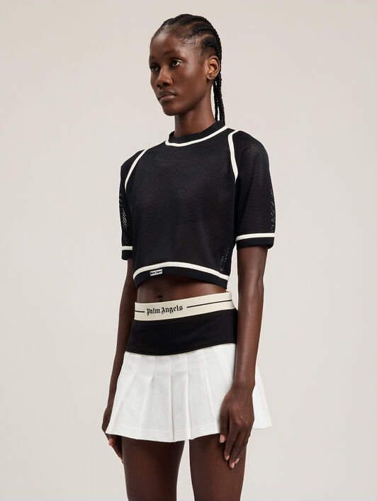 PALM ANGELS Logo Mesh Cropped Top BLACK OFF WHITE PWAD07FS26FAB001