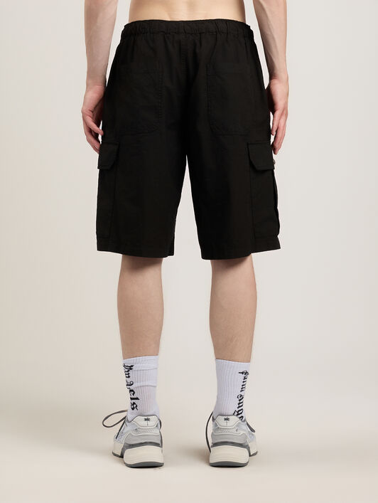 PALM ANGELS Curved Logo Loose Cargo Shorts BLACK OFF WHITE PMCS012S26FAB002