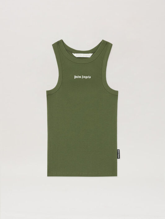 PALM ANGELS Classic Logo Fitted Tank Top MILITARY GREEN OFF WHITE PWAC024S26JER001