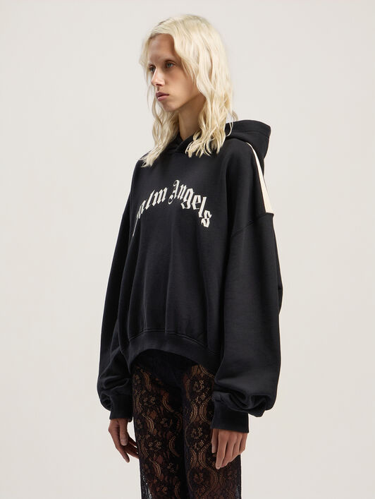 PALM ANGELS Curved Logo Track Crop Hoody BLACK - OFF WHITE PWBB076F25FLE006