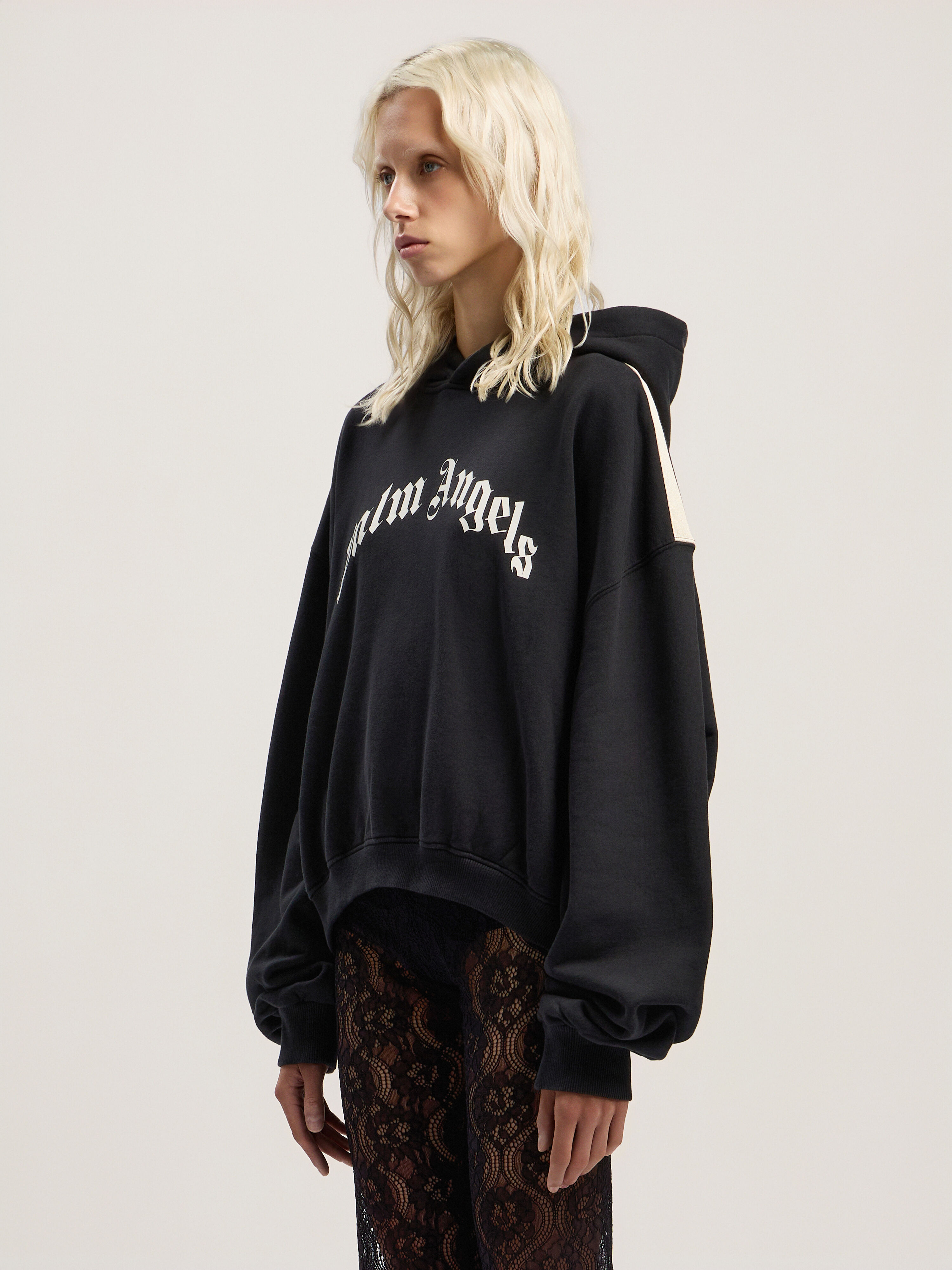 PALM ANGELS Curved Logo Track Crop Hoody BLACK - OFF WHITE PWBB076F25FLE006