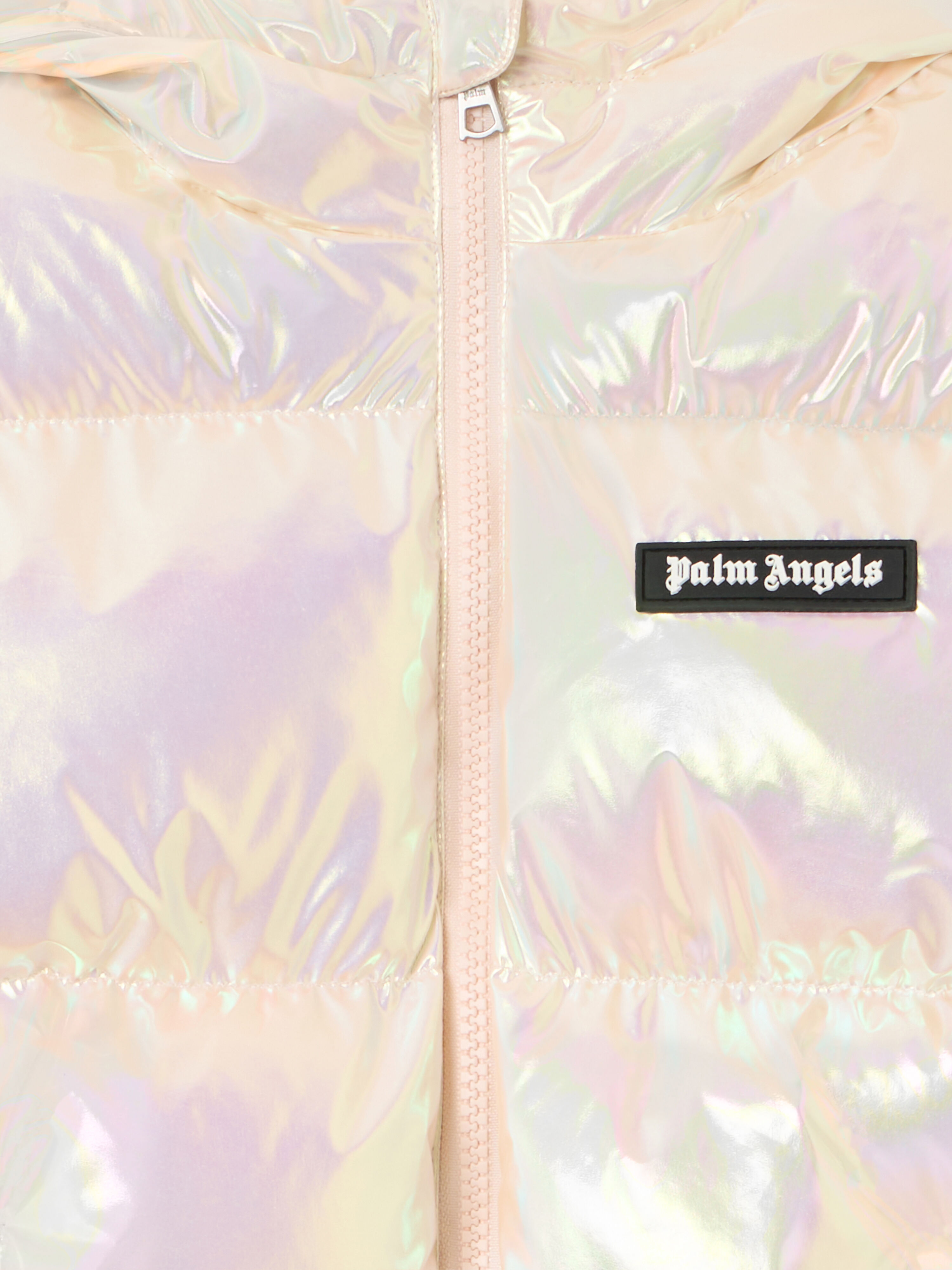 PALM ANGELS Logo Shiny Hoodie Puffer Jkt PEARL ROSE OFF WHITE PGEJ005F25FAB001