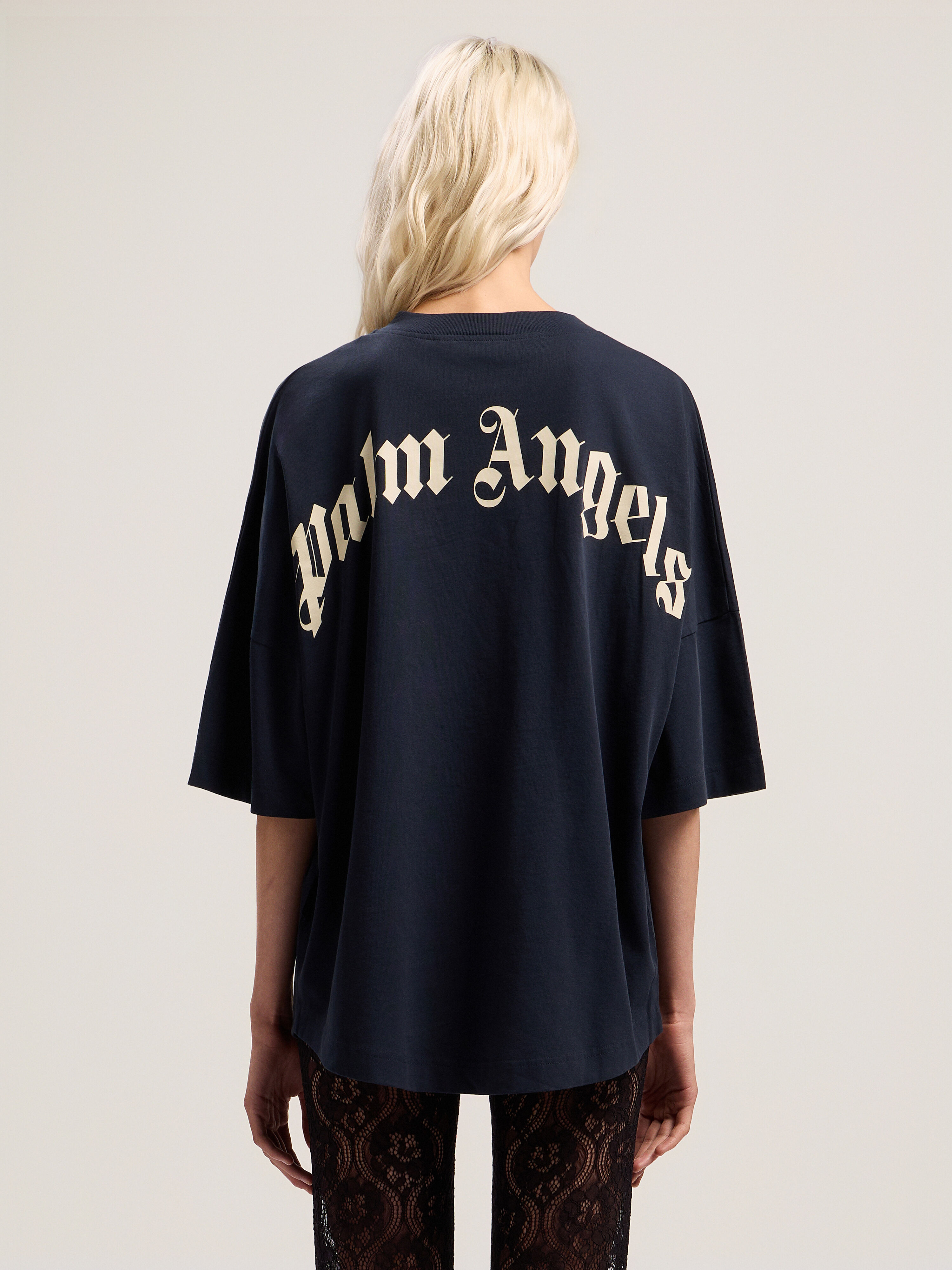 PALM ANGELS Curved Logo Collar Over Tee DARK BLUE - OFF WHITE PWAA07DF25JER001