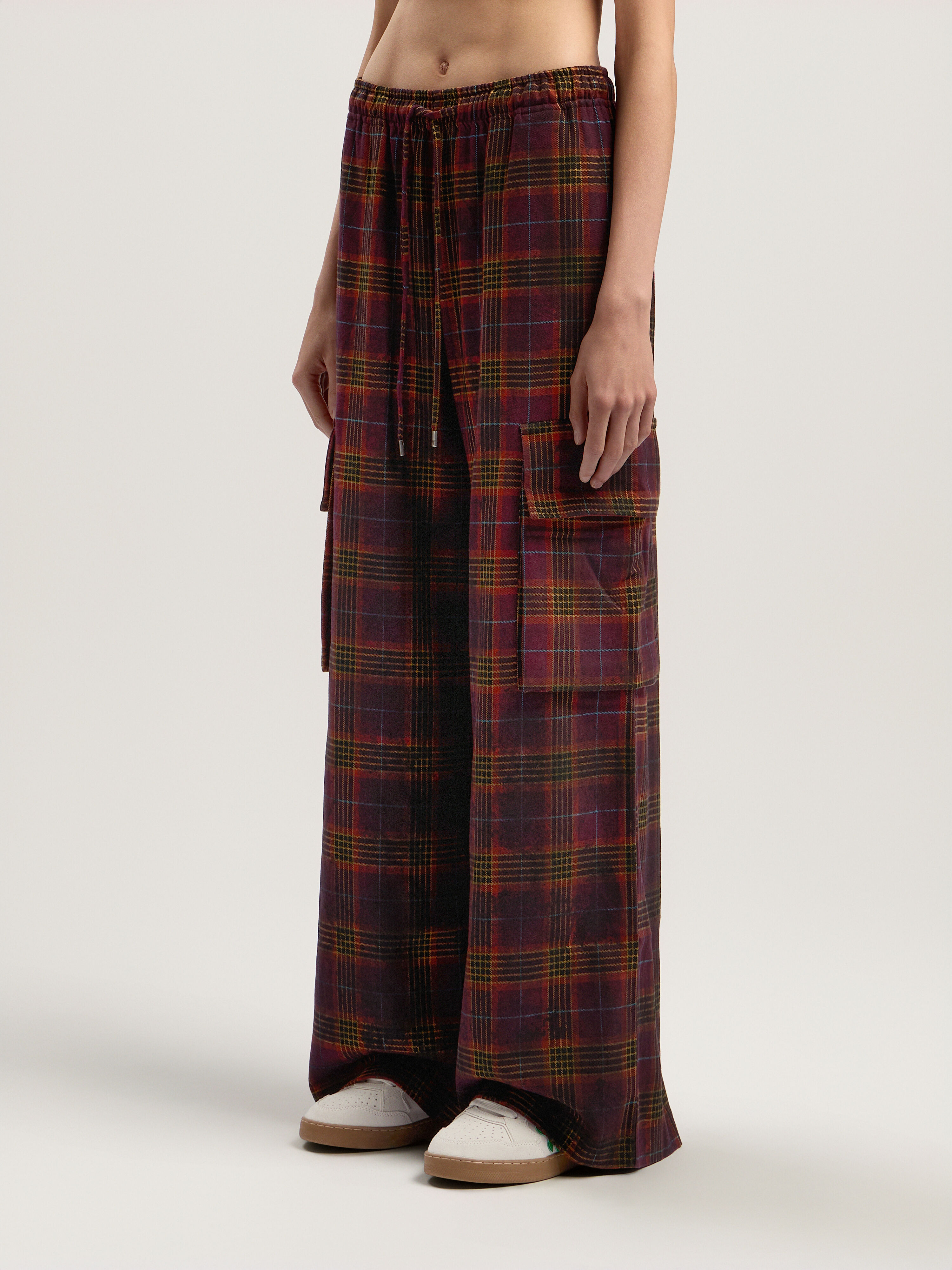 PALM ANGELS Overdyed Check Cargo Pants BURGUNDY - MULTICOLOR PWCF016F25FAB001