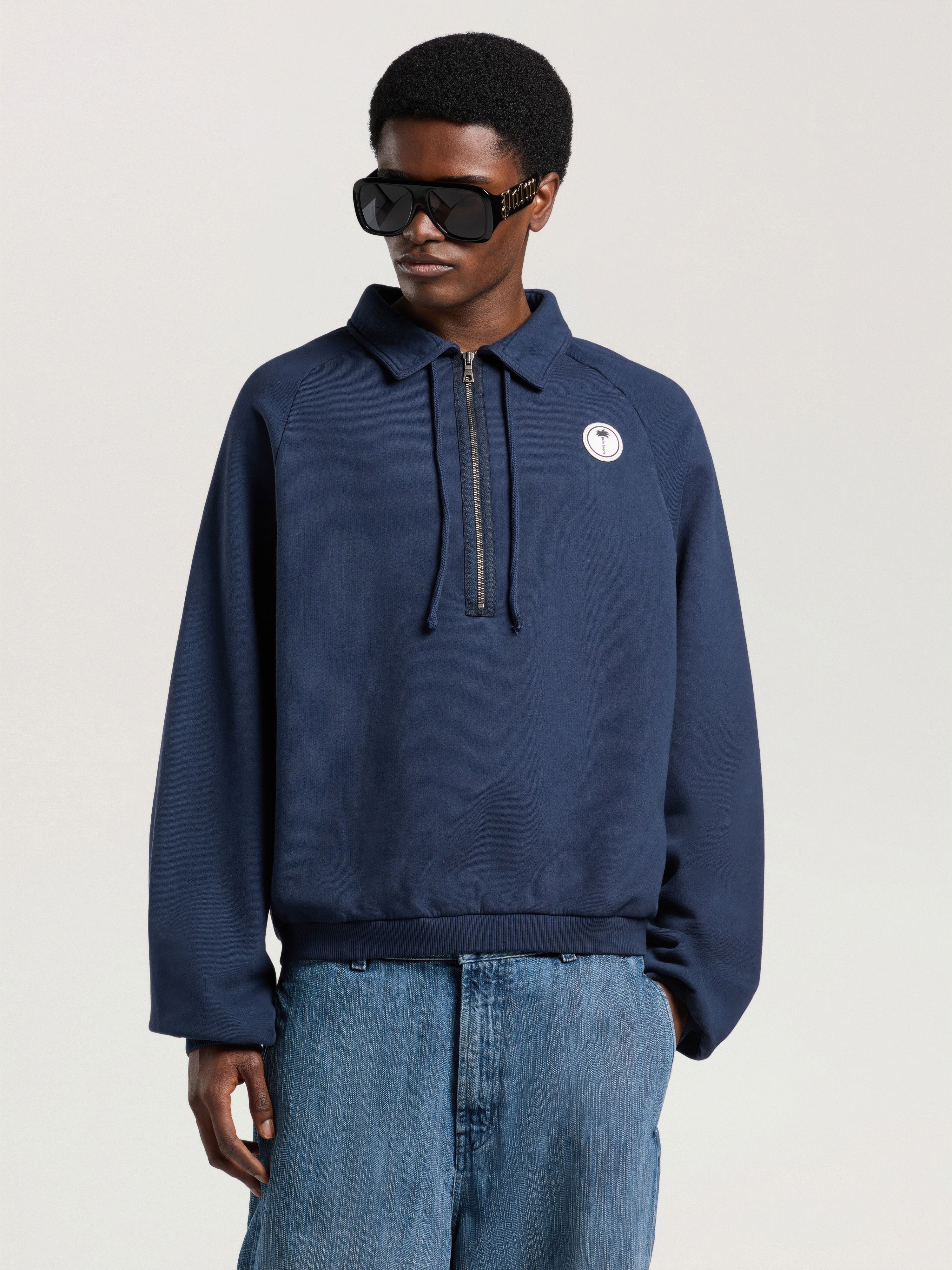 Palm Shadow Zipped Crew PALM ANGELS Palm Shadow Zipped Crew NAVY BLUE - OFF WHITE PAMBA10W26FL01
