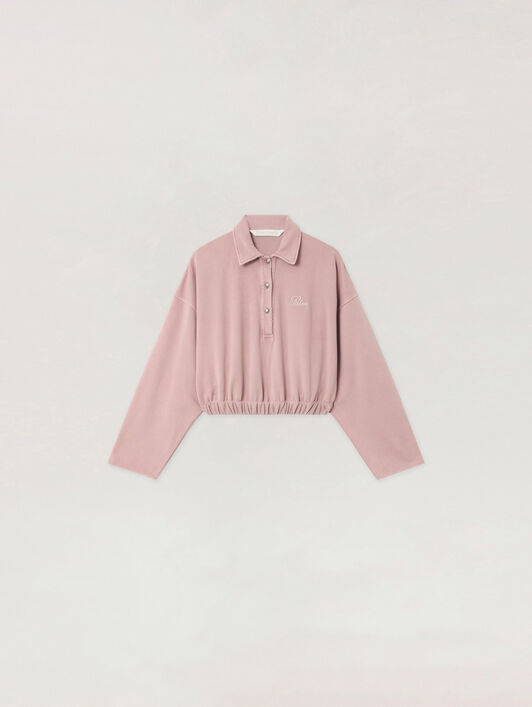 Palm Sway Cropped Long Sleeve Polo PALM ANGELS Palm Sway Cropped Long Sleeve Polo MAUVE - OFF WHITE PAWGC01F26FL01