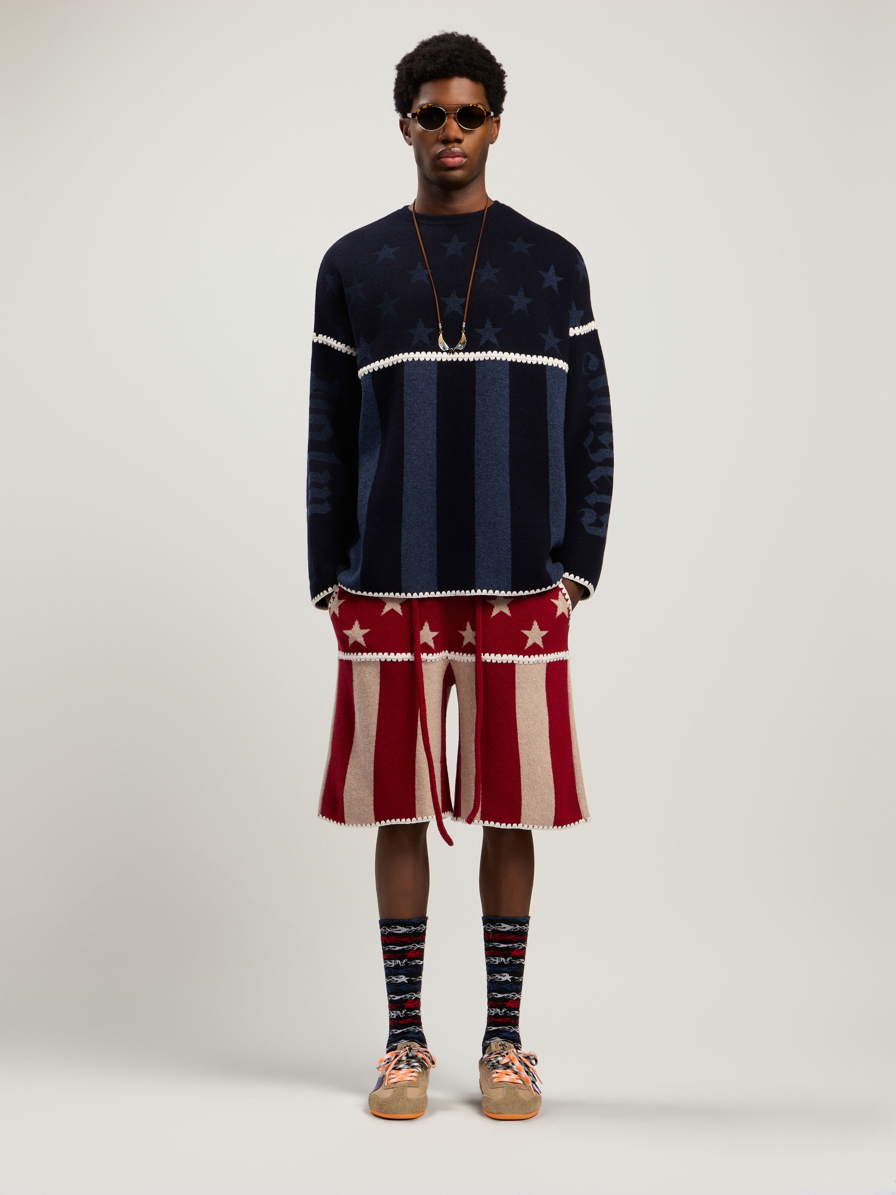 PALM ANGELS Stars&Stripes Sweater NAVY BLUE - DUSTY BLUE PMHE084F25KNI001