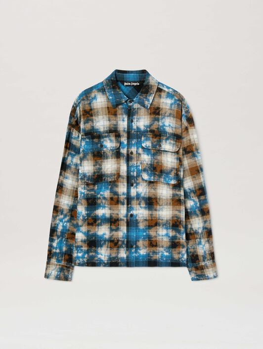 PALM ANGELS  Curved logo Faded tartan shirt LIGHT BLUE - OFF WHITE PMGE043S25FAB003