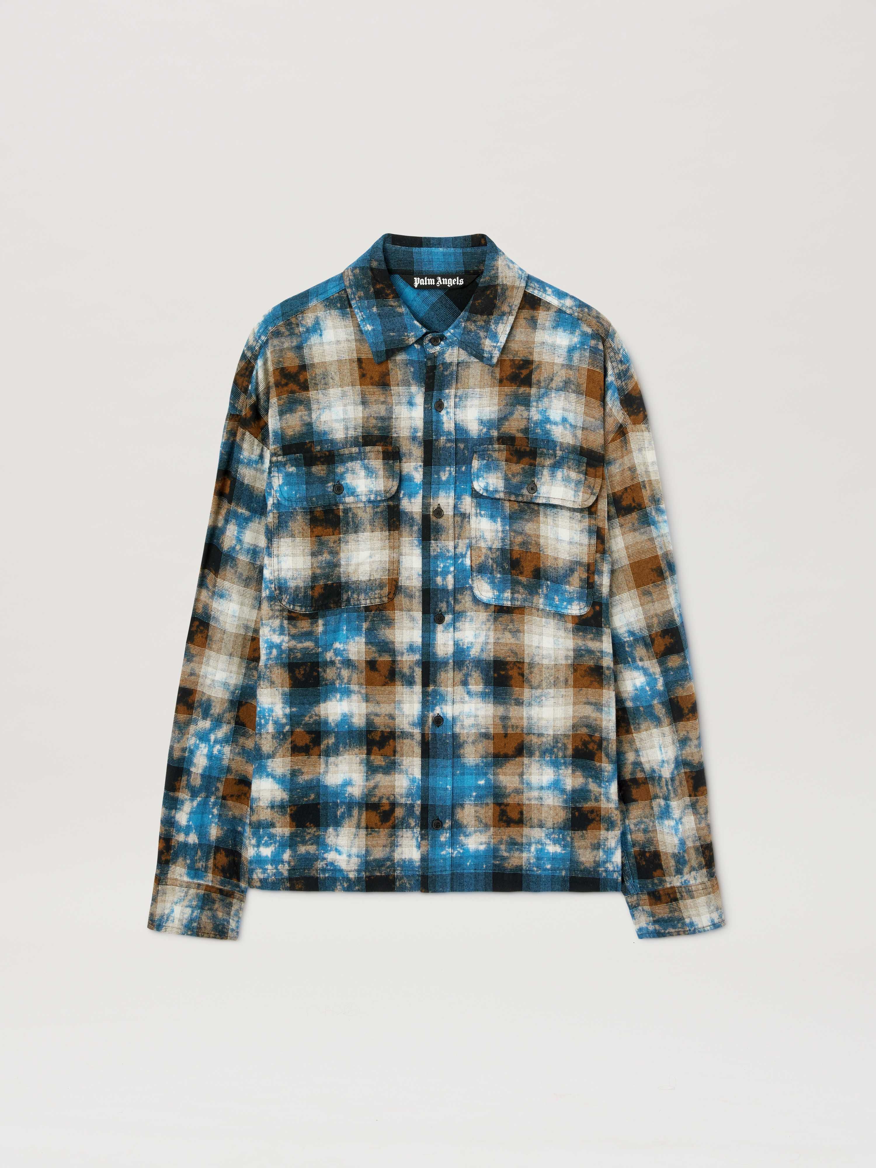 PALM ANGELS  Curved logo Faded tartan shirt LIGHT BLUE - OFF WHITE PMGE043S25FAB003