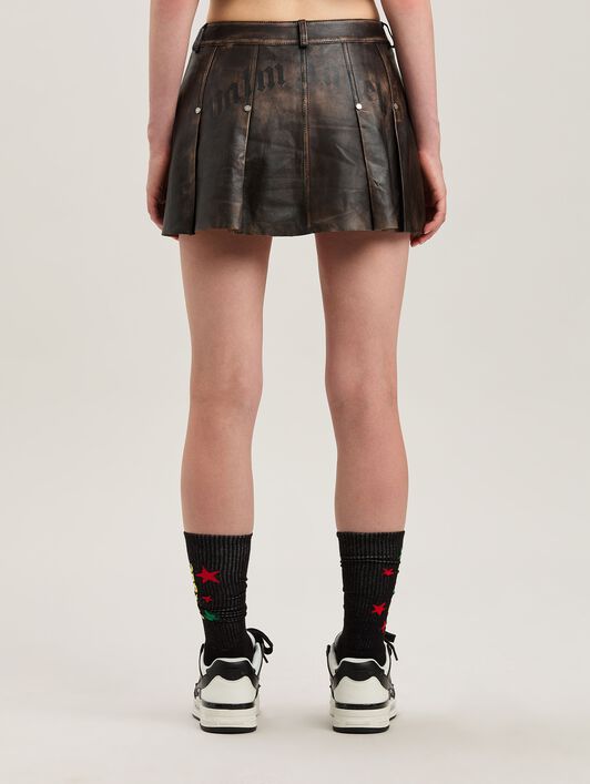 PALM ANGELS  Leder Minirock mit geschwungenem Logo BROWN - DARK BROWN PWJC011S25LEA001