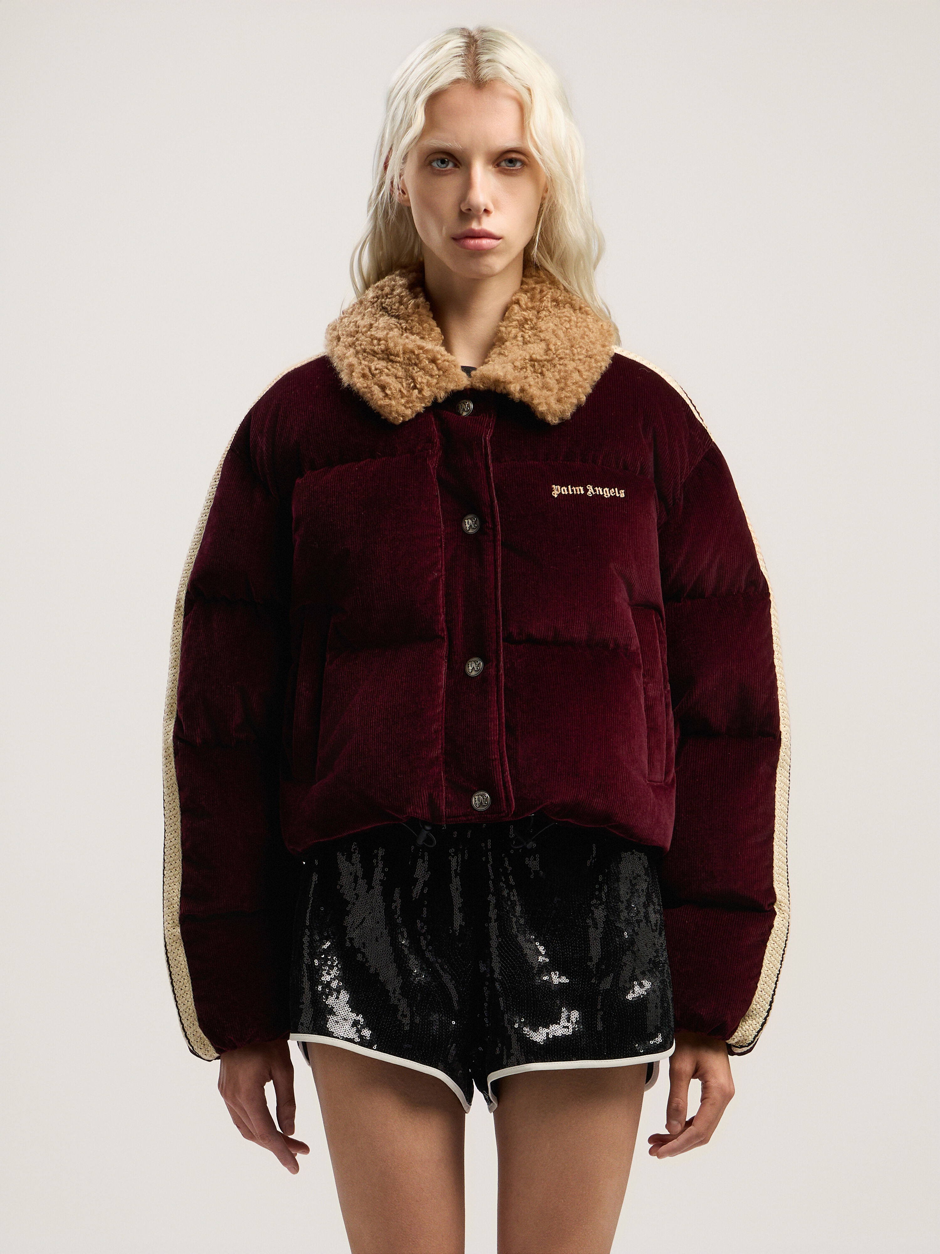 PALM ANGELS Classic Logo Cord Down Jacket BURGUNDY - BROWN PWED029F25FAB001