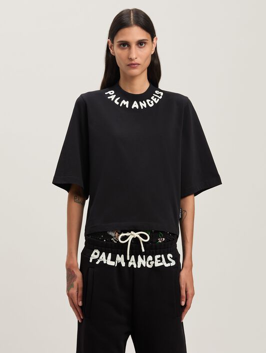 PALM ANGELS  Block logo cropped T-shirt BLACK - OFF WHITE PWAA020S25JER003