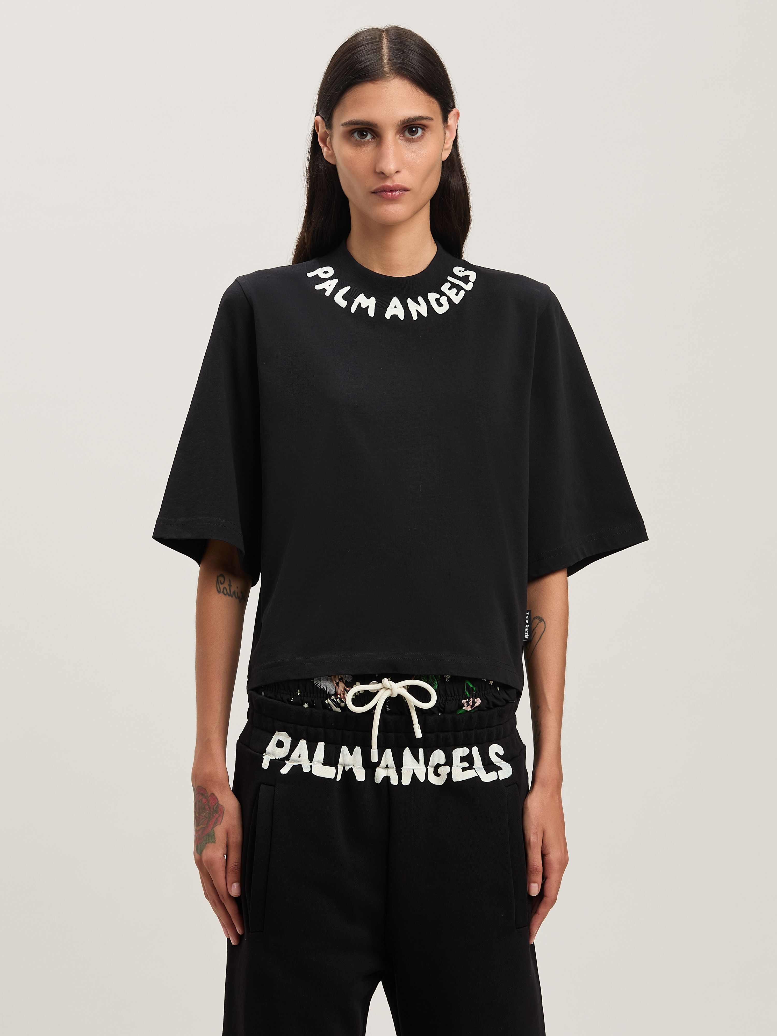 PALM ANGELS  Block logo cropped T-shirt BLACK - OFF WHITE PWAA020S25JER003