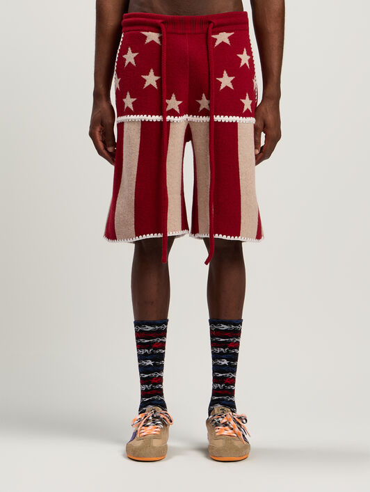PALM ANGELS Stars&Stripes Knit Shorts RED - ECRU PMHM015F25KNI001