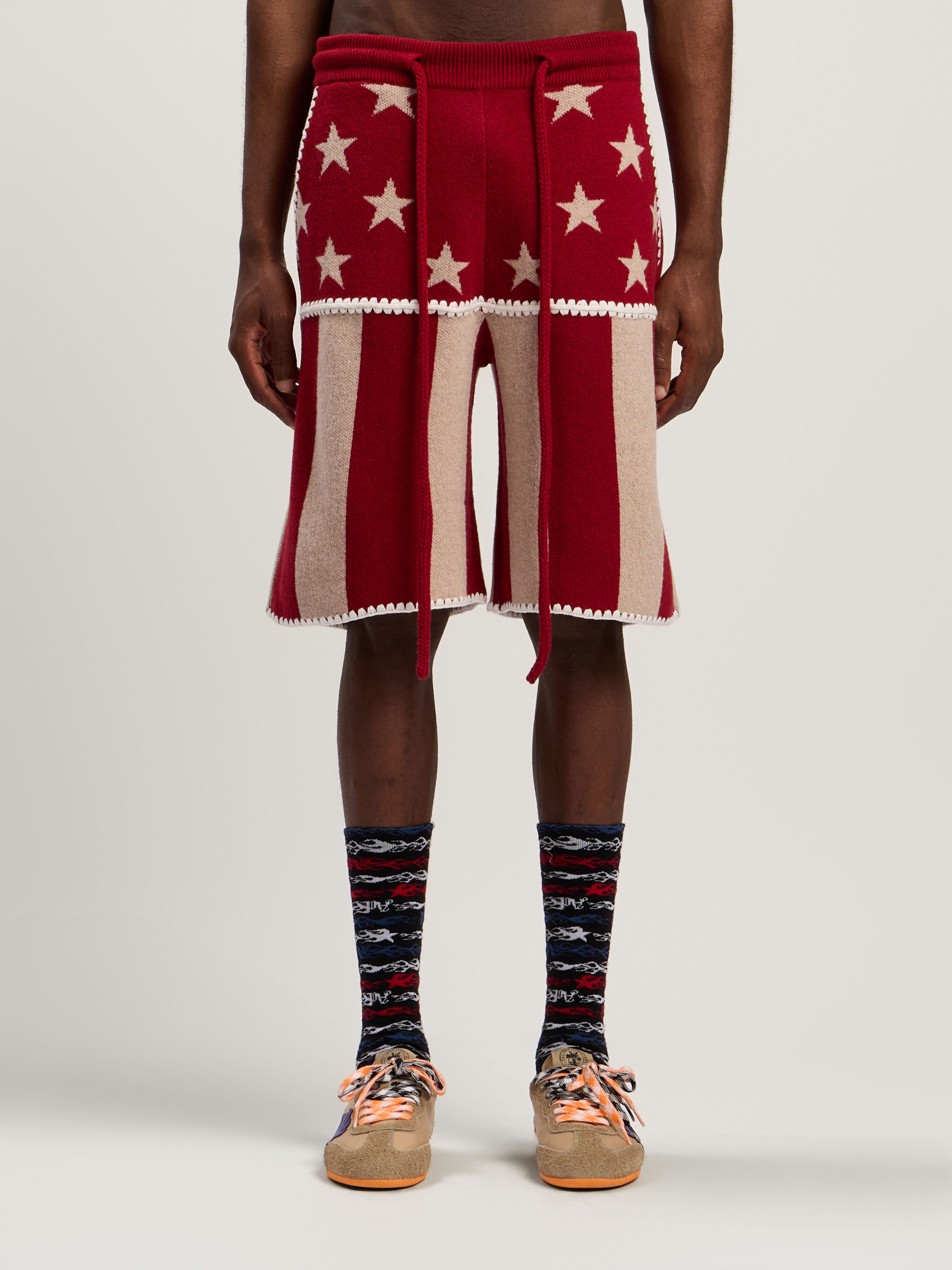 PALM ANGELS Stars&Stripes Knit Shorts RED - ECRU PMHM015F25KNI001
