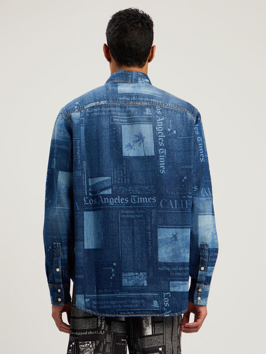 PALM ANGELS News Print Denim Shirt MEDIUM BLUE - DUSTY BLUE PMYD019F25DEN001