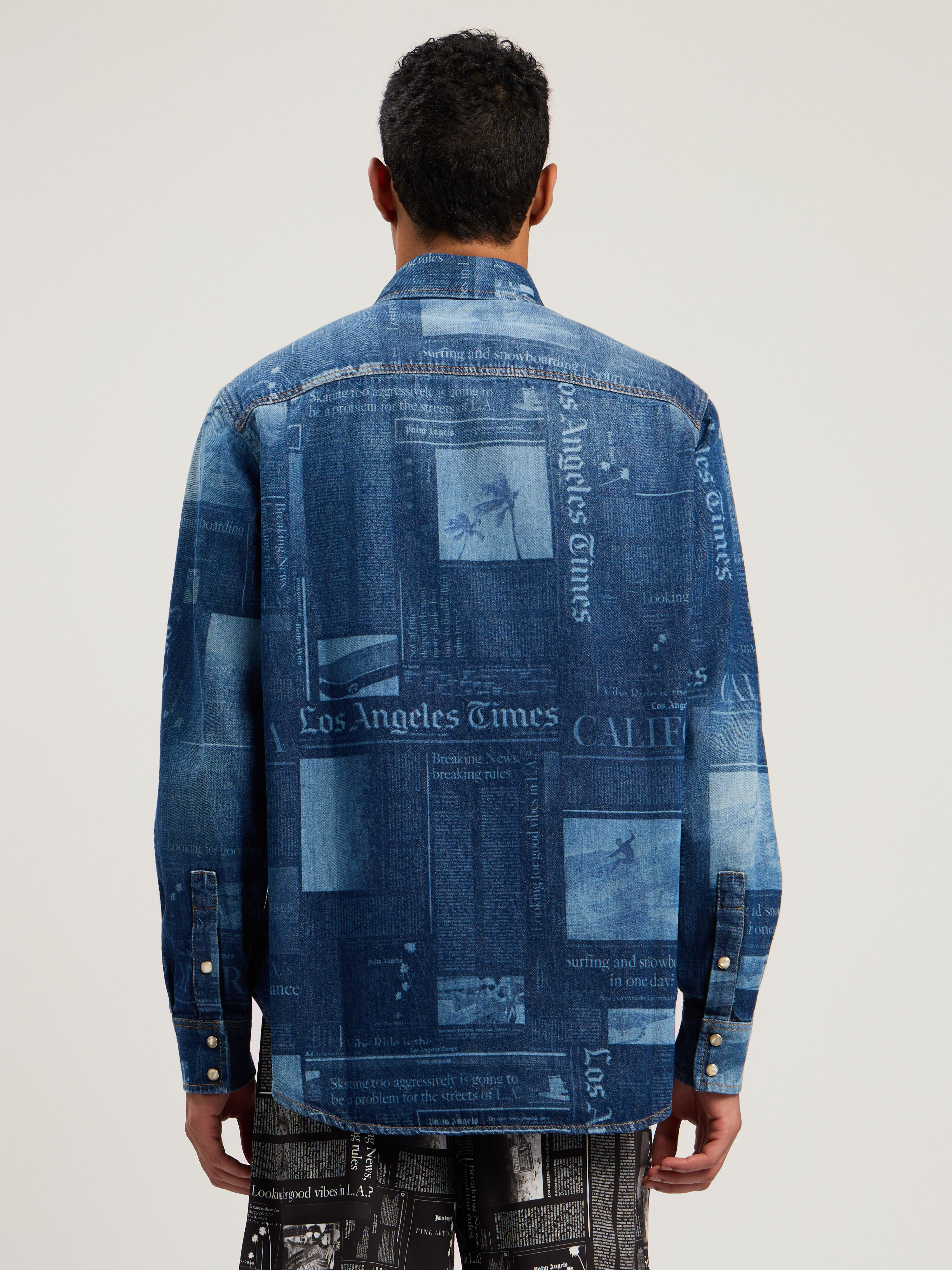 PALM ANGELS News Print Denim Shirt MEDIUM BLUE - DUSTY BLUE PMYD019F25DEN001
