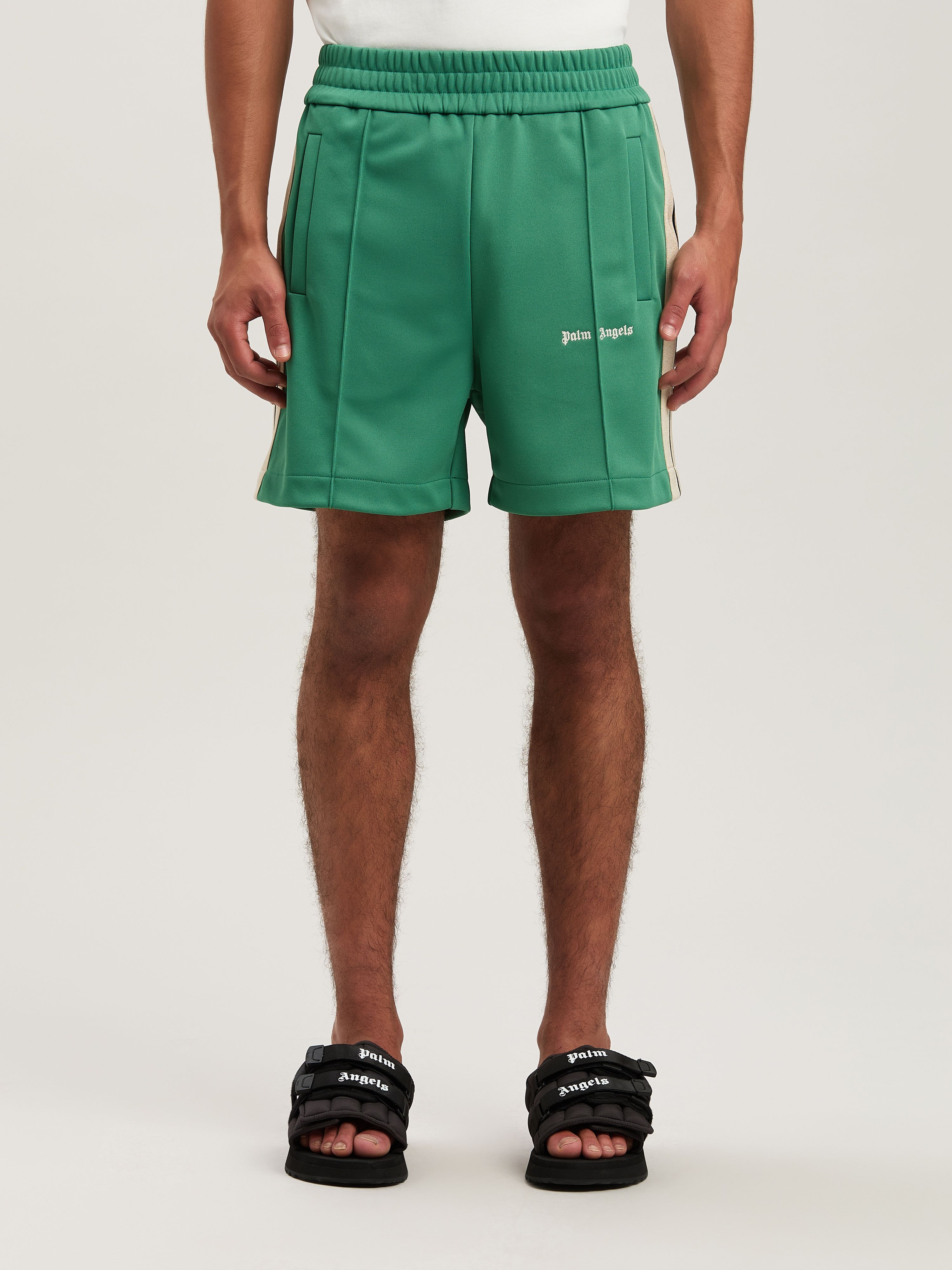 PALM ANGELS  Embroidered Logo Track shorts FOREST GREEN - OFF WHITE PMCL004S25FAB001