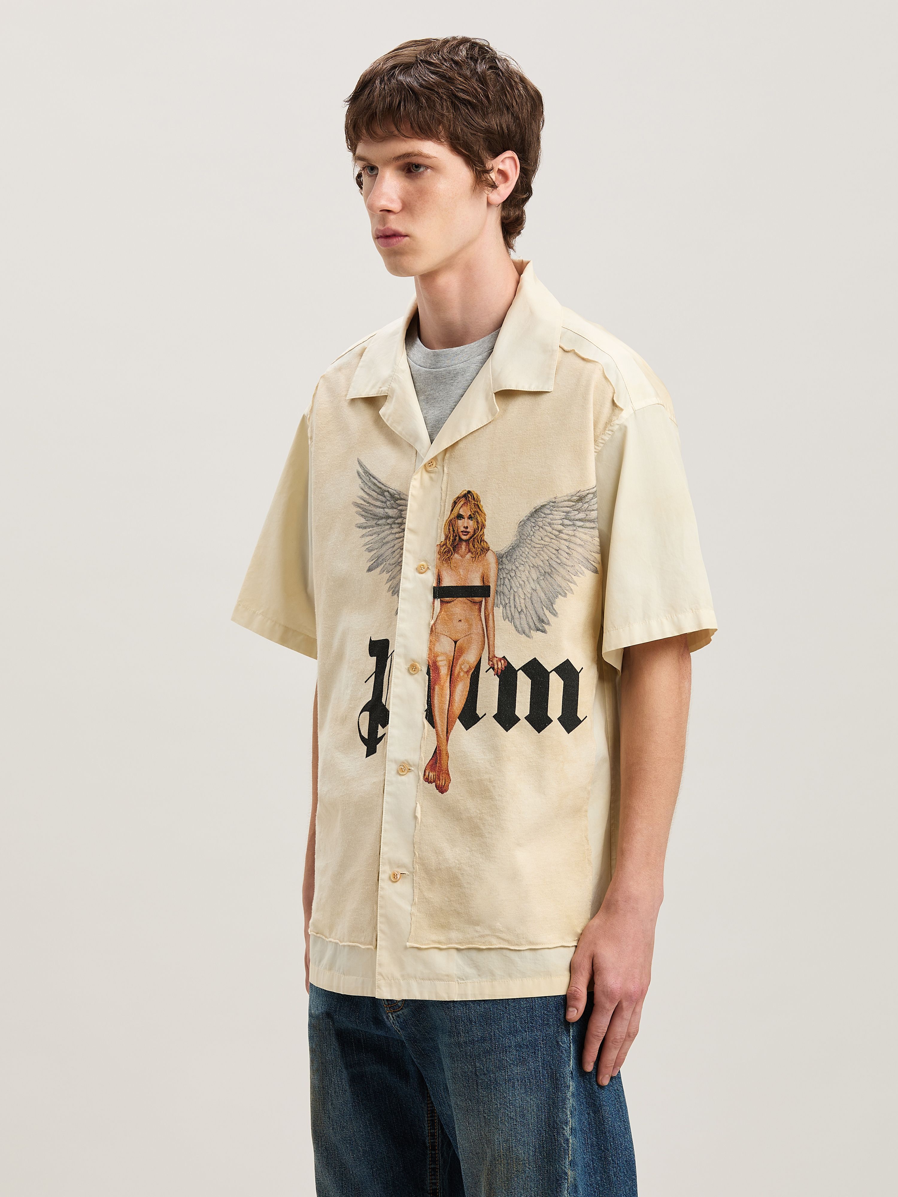 PALM ANGELS  Pin Up Bowling Shirt OFF WHITE - BLACK PMGG008S25FAB001