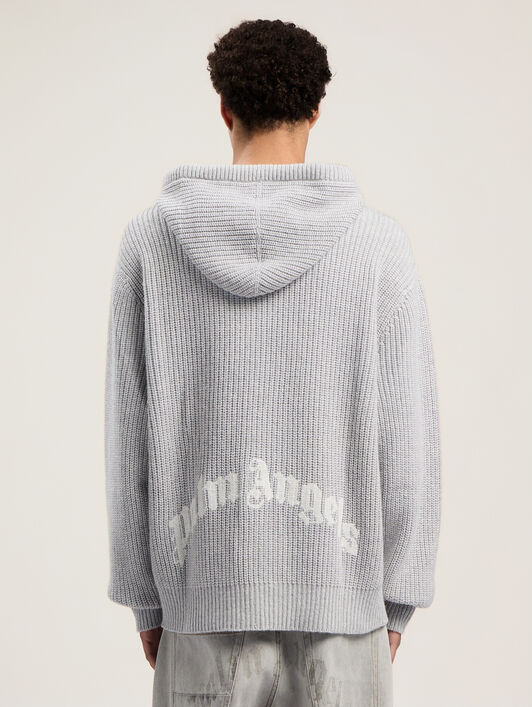 PALM ANGELS Curved Logo Rib Knit Hoodie GREY MELANGE - OFF WHITE PMHU025F25KNI001