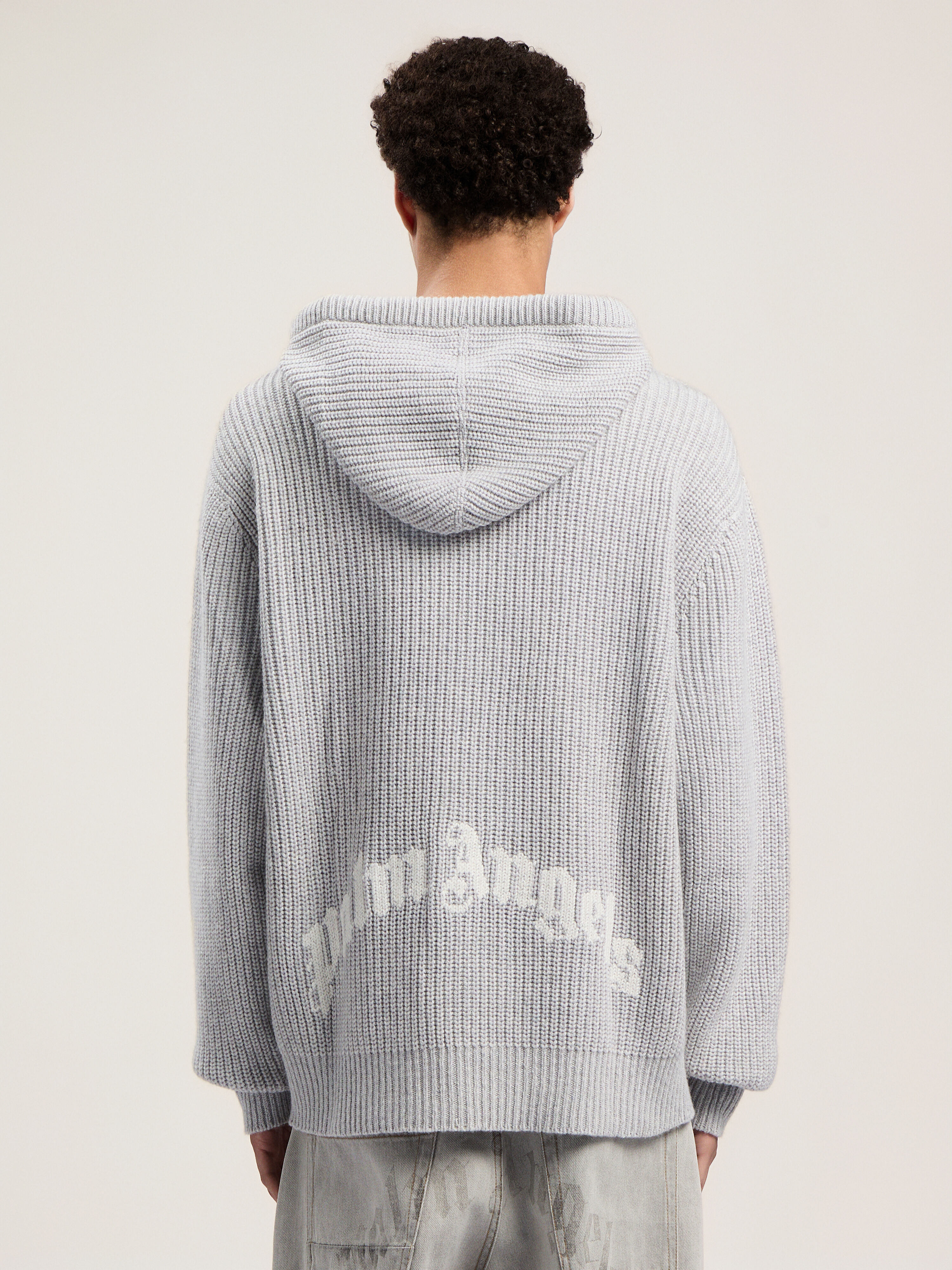 PALM ANGELS Curved Logo Rib Knit Hoodie GREY MELANGE - OFF WHITE PMHU025F25KNI001