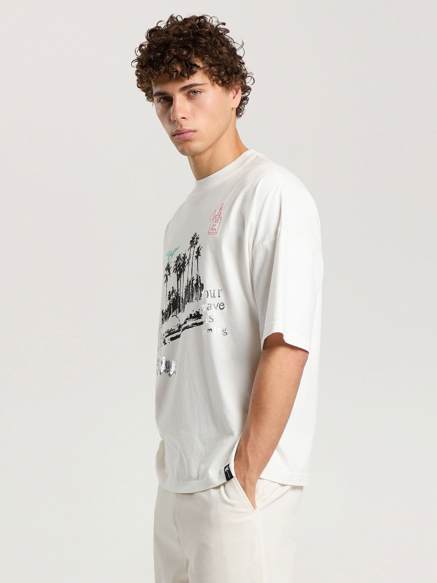 PALM ANGELS Palm Life Loose T-Shirt OFF WHITE - BLACK PAMAA03F26JR02