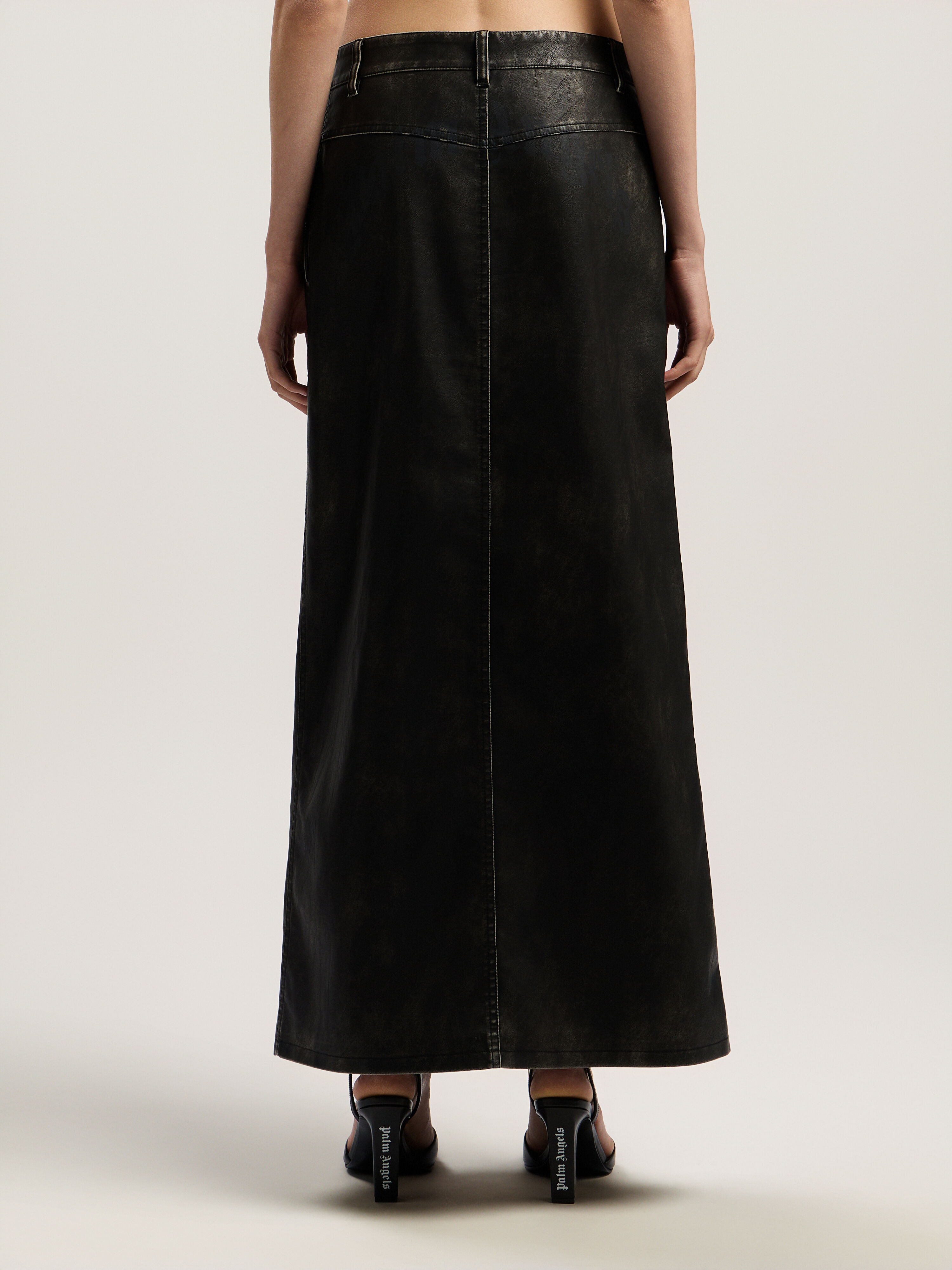 PALM ANGELS Curved Logo Coated Long Skirt DARK GREY - BLACK PWJC014F25FAB001