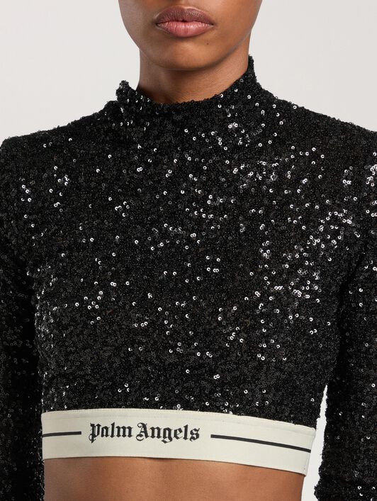 Logo Essential Sequins Top Long Sleeve PALM ANGELS Logo Essential Sequins Top Long Sleeve BLACK - CREAM PAWAF03W26FB01
