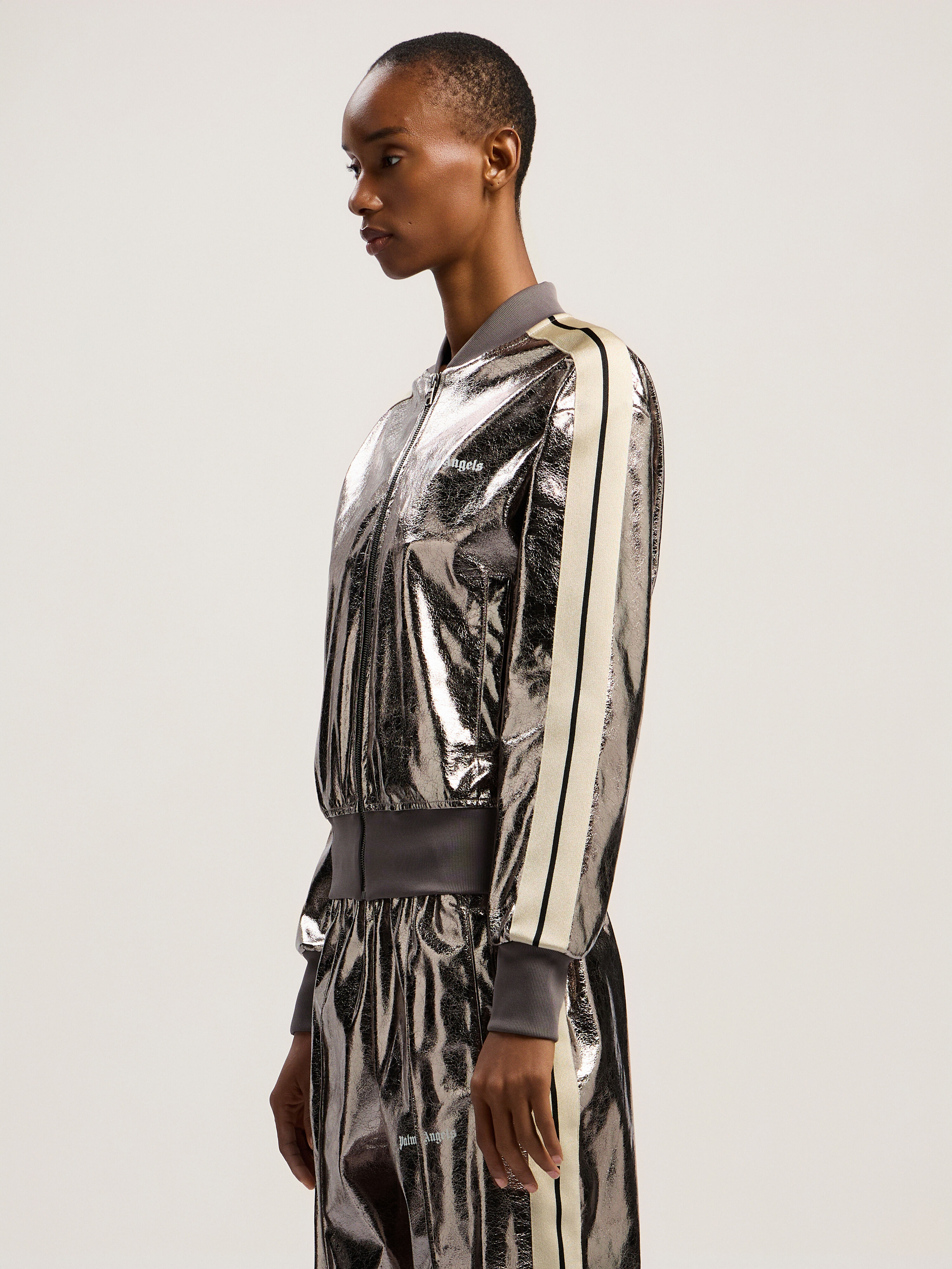 PALM ANGELS Laminated Track Jacket GUNMETAL - OFF WHITE PWBD050F25FAB001