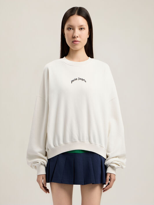 PALM ANGELS Curved Logo Loose Crop Sweatshirt OFF WHITE BLACK PWBA05DS26FLE001