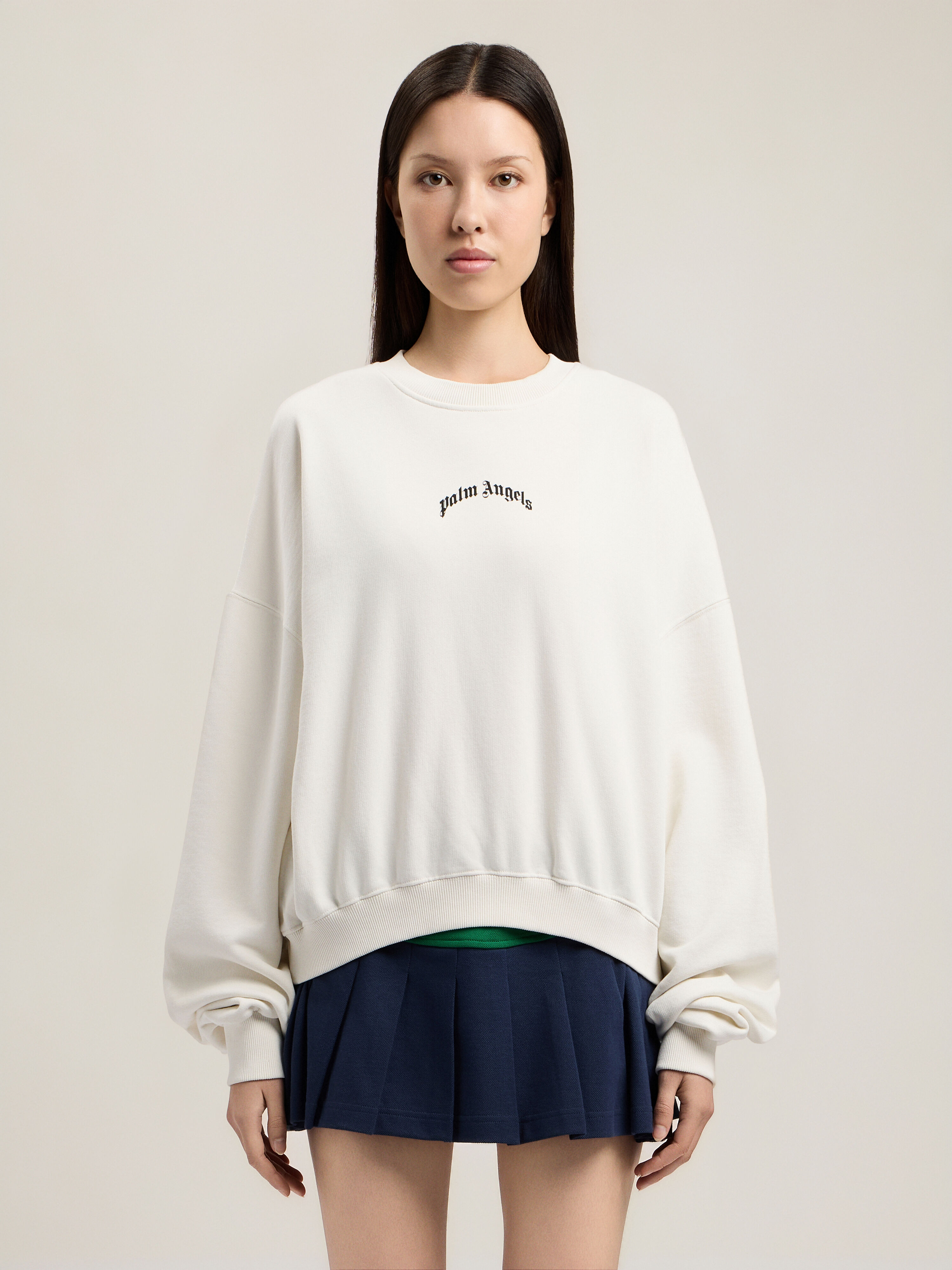 PALM ANGELS Curved Logo Loose Crop Sweatshirt OFF WHITE BLACK PWBA05DS26FLE001